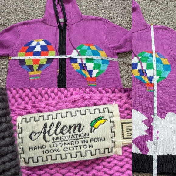 Vintage Allen Innovation Purple Knit Hot Air Balloon Zip Up Hoodie Sweater XXL - Picture 8 of 8